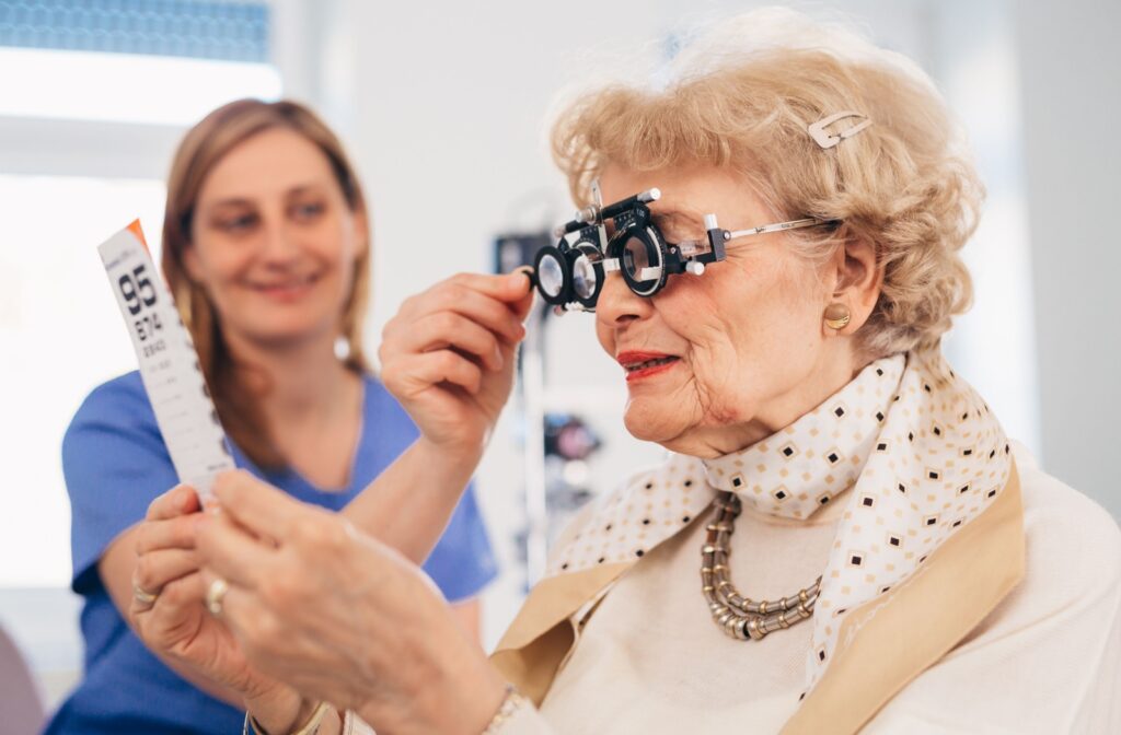 Senior person testing their vision with an eye doctor